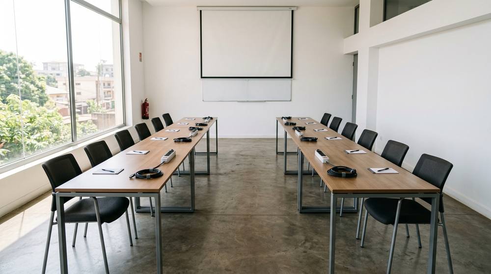 Salle de formation à Yaoundé prête à accueillir la session : deux rangées de tables, chaises, multiprises et écran de projection.